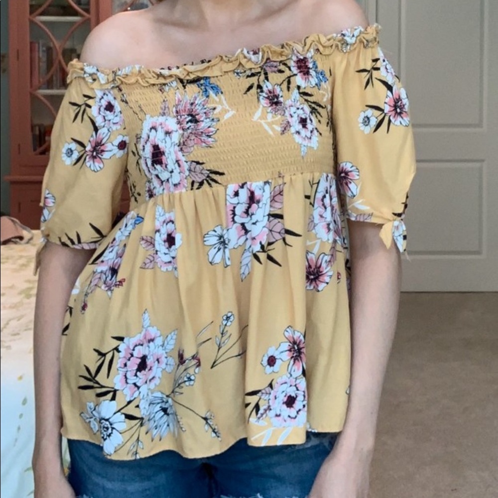 Yellow floral blouse off the shoulder
